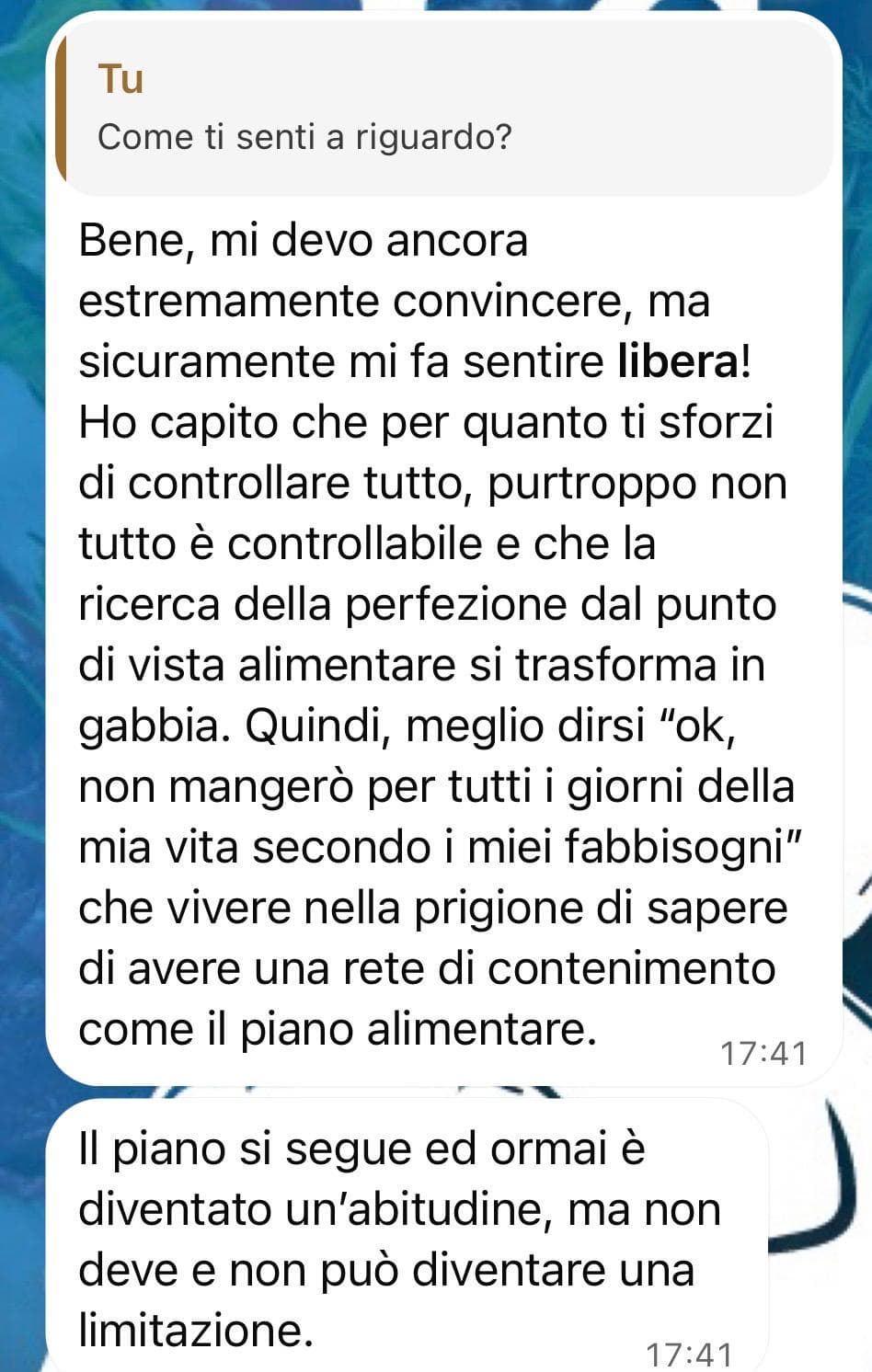 Messaggio di una persona seguita nel percorso: racconta di sentirsi libera e di aver capito che la ricerca della perfezione alimentare si trasforma in una gabbia