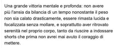 Messaggio di una persona seguita nel percorso: racconta di non avere più l’ansia da bilancia e di aver ritrovato serenità nel proprio corpo